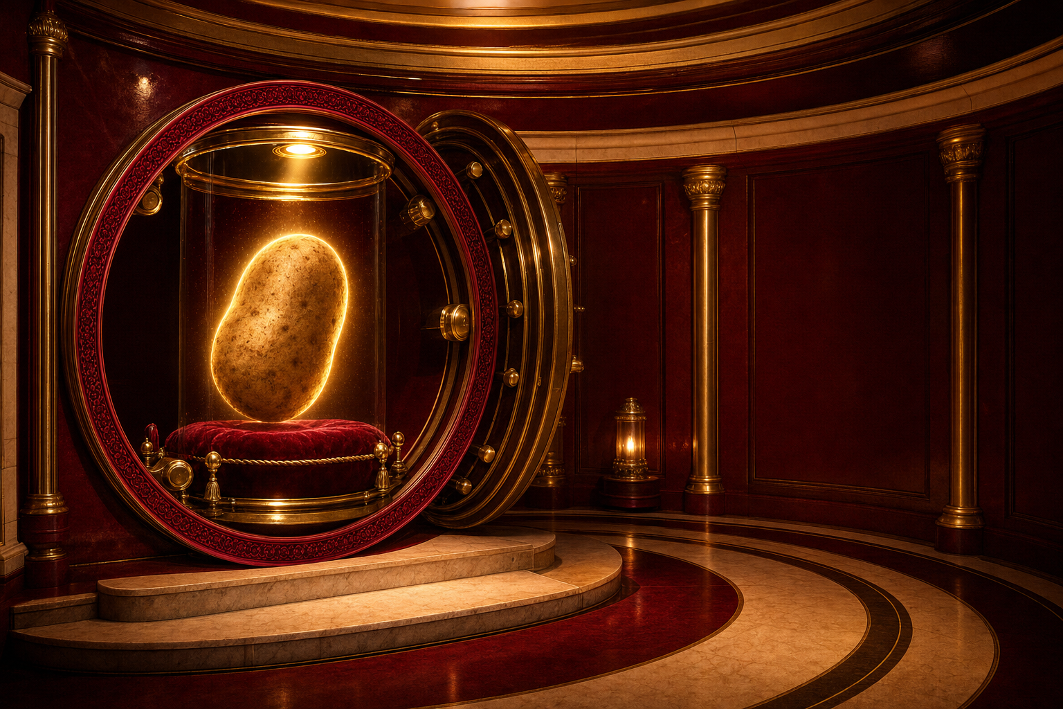 The potato in its display case inside a round vault whose heavy door stands open