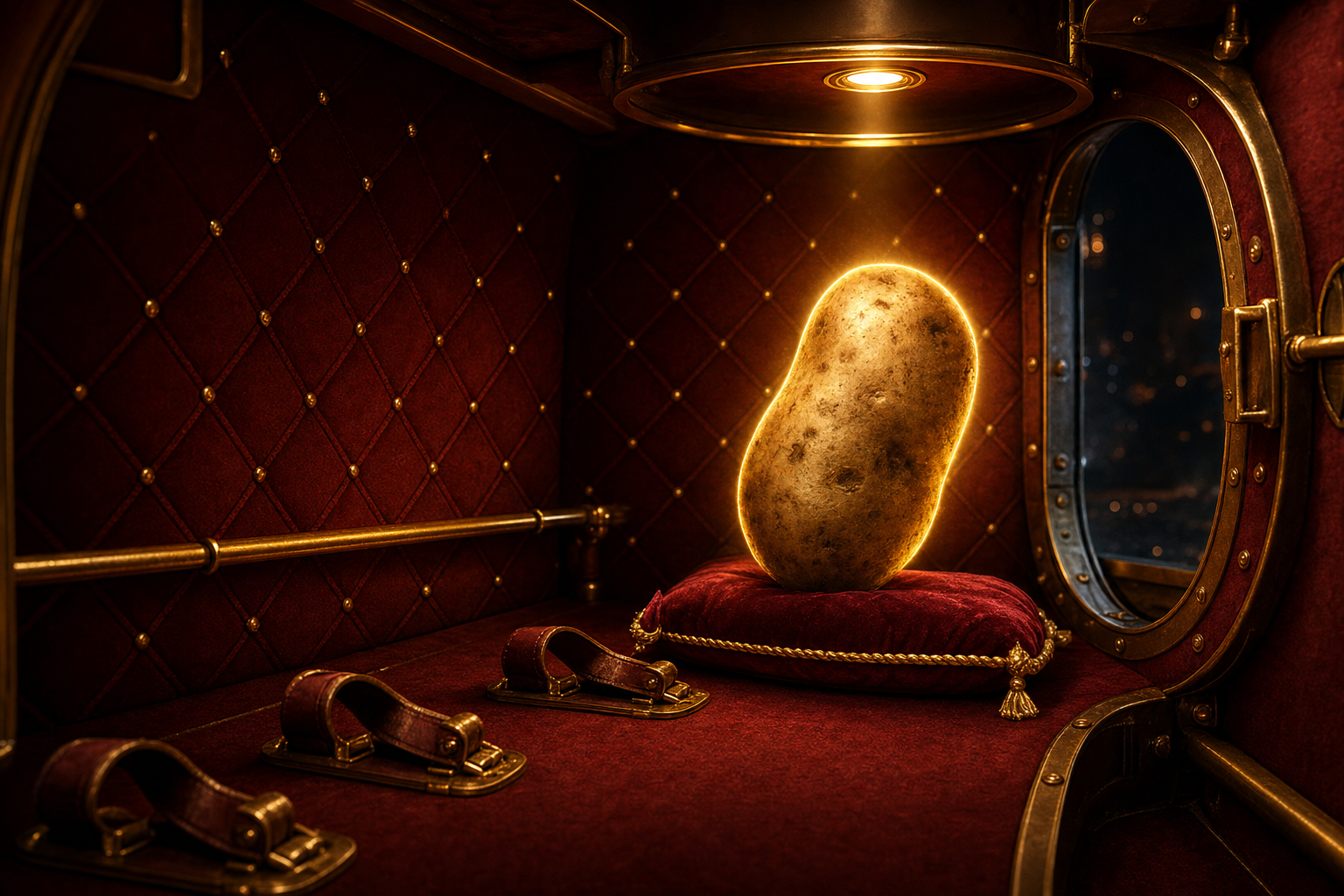Inside a padded velvet transport, unbuckled straps lie empty beside the potato and an open porthole door