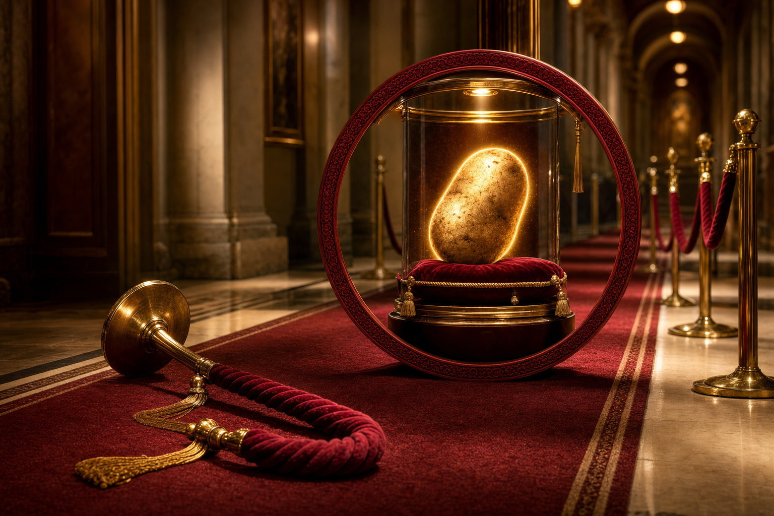 A museum corridor with a fallen velvet rope stanchion beside the potato's display