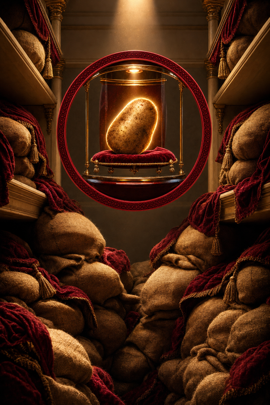 The potato's display hovering above stacked sacks between pantry shelves