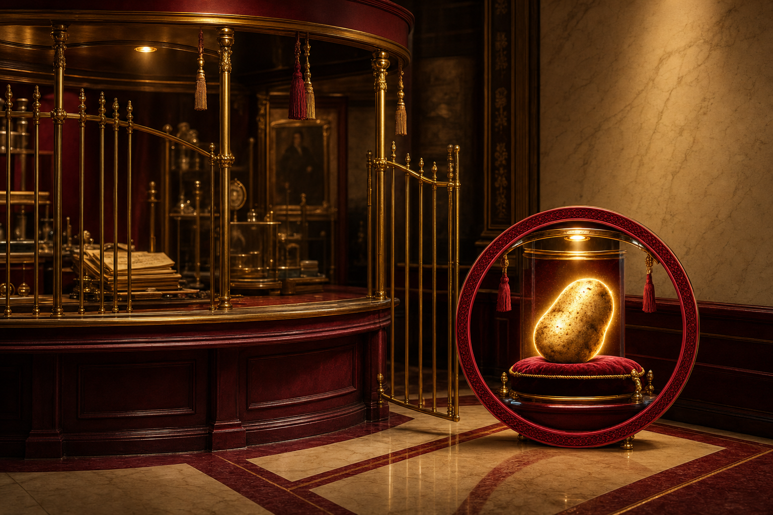 A brass-barred counting room with its gate swung open and the potato sitting outside it